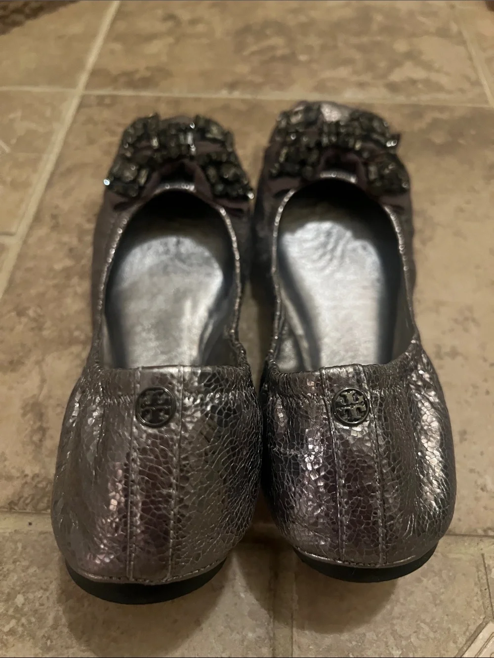 Tory Burch Metallic Gunmetal Jeweled Ballet Flats
